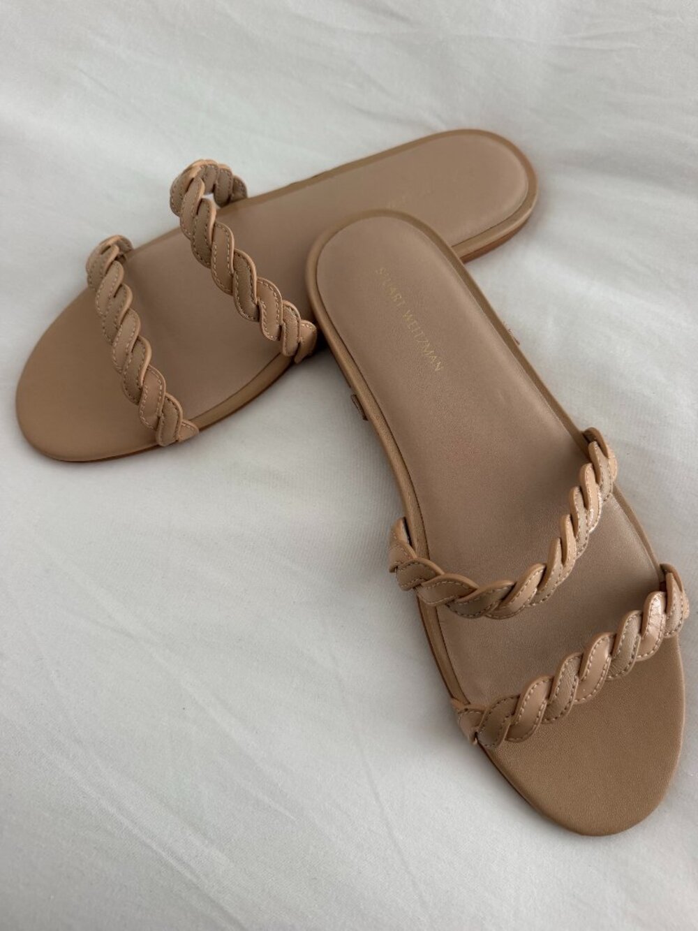 Stuart Weitzman Taupe Leather Twisted Strap Sandals - Size 8 NWOT
